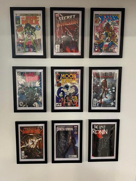 Marvel Office Ideas, Dc Room Ideas, Comic Book Decor, Comic Book Wall Display, Nerd Room Ideas, Comic Book Wall, Comic Display, Comic Book Display, Marvel Diy