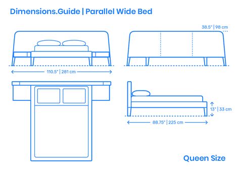 The Parallel Wide Bed is a standard bed with a headboard shape resembling a trapezium. There are built-in side tables attached beside the bed and drawers underneath for extra storage. The Parallel Wide Bed has an overall height of 38.5” (98 cm), and is manufactured with various widths that range between 110.5”-126” (281 -320 cm), and lengths from 88.75”-92.5” (225-235 cm). The platform height of the Parallel Wide Bed is set at 13” (33 cm). Downloads online #beds #bedroom #furniture #home Bed Standard Dimensions, Bedroom Furniture Dimensions Standard, Bed Side Table Dimensions, Bed Height Standard, Bedroom Dimensions Layout, Furniture Dimensions Standard, Side Table Dimensions, Side Table Height, Wide Bed