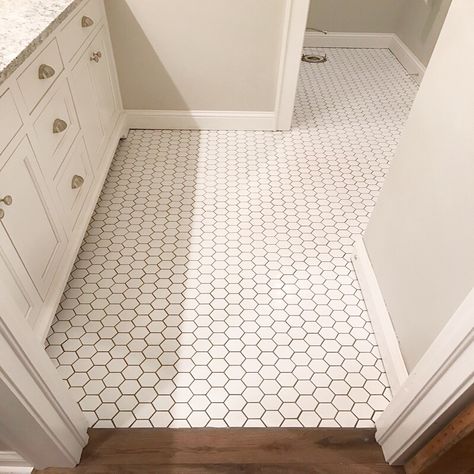 White Hexagon Tile Bathroom Floor, Small Hexagon Tile Bathroom, Tile 2023, Hexagon Bathroom Floor Tile, Noyes House, Bathroom Hexagon Tile, Bathroom Tile Ideas Floor, White Hexagon Tile Bathroom, Hex Tiles Bathroom