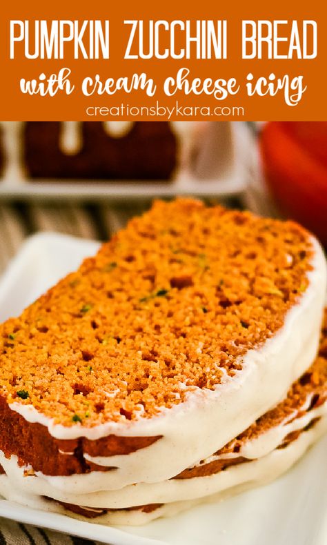 PUMPKIN ZUCCHINI BREAD - filled with warm fall spices, this sweet spiced quick bread is a perfect blend of two flavors. Cinnamon icing makes it extra tasty! #pumpkinzucchinibread #pumpkinbread #zucchinibread #cinnamon -from Creations by Kara Zucchini Cardamom Bread, Pumpkin Zucchini Bread With Cream Cheese Frosting, Pumpkin Zucchini Bundt Cake, Zucchini Bread Pumpkin, Zucchini Bread With Pumpkin, Zucchini And Pumpkin Recipes, Pumpkin Spice Zucchini Bread, Zucchini Pumpkin Recipes, Sweet Zucchini Recipes