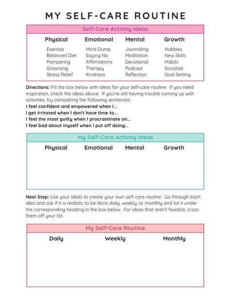 Self-care routine worksheet. A free printable worksheet to help you create a self care routine. Self care ideas for your body and mind that you can turn into a daily, weekly, and monthly self care routine. #printables #selfcare #selflove #freeprintable #selfcareroutine #selfcareroutineworksheet #selfcareworksheet Daily Self Care Routine Template, Creating A Self Care Routine, Self Care Monthly Routine, Self Care Categories, Self Care Action Plan, Creating A Daily Routine, Self Care Worksheet Free Printable, Self Care Check In, Wellbeing Worksheet