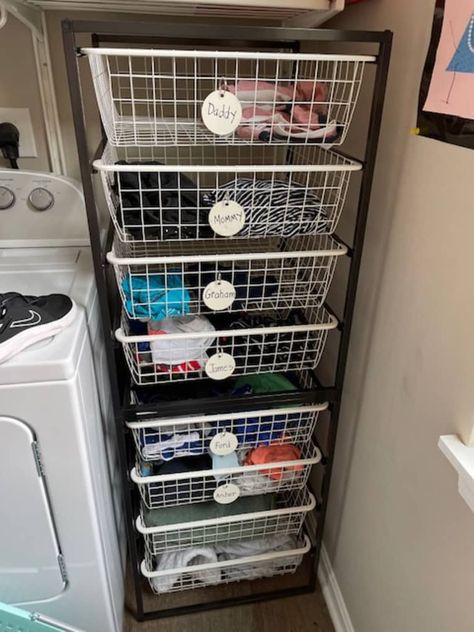 The IKEA JONAXEL Storage Tower is the Best Laundry Sorter | Apartment Therapy Ikea Basket Storage, Laundry Room Dresser, Best Laundry Baskets, Diy Laundry Basket Storage, Family Laundry System, Laundry Sorting System, Ikea Laundry Basket, Laundry Basket Storage Ideas, Laundry Room Ikea