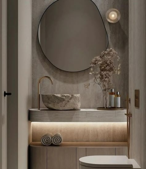 Yasmeen Wassim, Wabi Sabi Home Interior Design, Modern Powder Room Design, Stylish Bathroom Design, Wabi Sabi House, Minimalistic Bathroom, Modern Powder Rooms, Modern Powder Room, Wall Color Combination