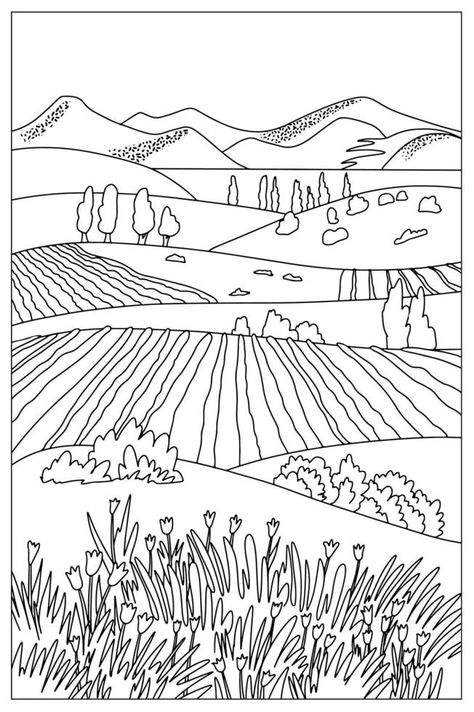 Coloring book . Lovely landscape,mountains and fields in the valley. Vector art line background. Simple Landscape Doodles, Line Art Drawings Landscapes, Farm Line Drawing, Hand Drawn Coloring Pages, Valley Drawing Simple, Line Landscape Drawing, Doodles Landscape, Field Drawing Easy, Line Landscape Art