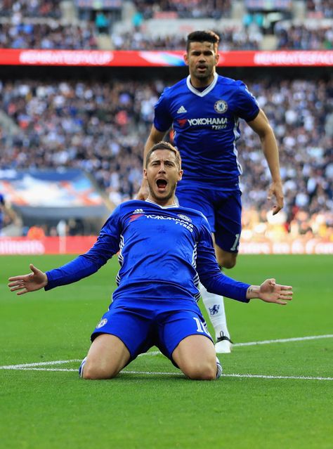 LONDON, ENGLAND - APRIL 22:  Eden Hazard of Chelsea celebrates scoring his sides third goal with Diego Costa of Chelsea during The Emirates FA Cup Semi-Final between Chelsea and Tottenham Hotspur at Wembley Stadium on April 22, 2017 in London, England.  (Photo by Richard Heathcote/Getty Images) Tattoos Football, Nails Football, Tattoo Football, Football Dips, Chelsea Fc Stamford Bridge, Eden Hazard Chelsea, Hazard Chelsea, Chelsea Wallpapers, Football Tattoo