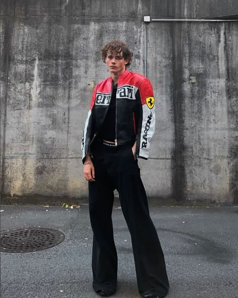 Racing Jacket Outfit Men, Outfit With Jacket, Y2k Man, Skater Boy Style, Racing Jacket Outfit, Streetwear Fashion Ideas, Racer Jackets, Jacket Outfit Men, Oversize Outfit