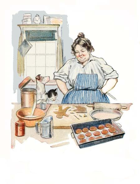 Charming vintage drawing of a rosy-cheeked lady making gingerbread men with her two pets - a little dog and a cat. Perhaps both are waiting for a taste. Free Vintage Art, Gingerbread Man Free, Grandma Cooking, The Gingerbread Man, Childrens Library, Short Stories For Kids, Vintage Book Covers, Vintage Cookies, Vintage Drawing