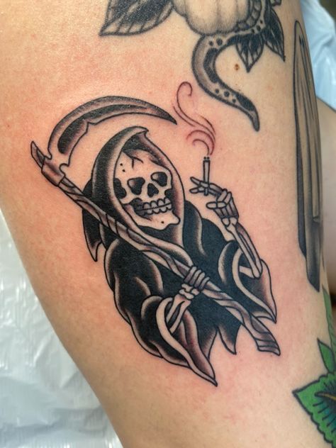 Traditional Style Grim Reaper Tattoo, Greem Reaper Tattoos, Grim Reaper Surfing Tattoo, Grim Reaper Tattoos For Men, Neo Trad Grim Reaper, Reaper American Traditional Tattoo, Grim Reaper American Traditional Tattoo, Grime Reaper Tattoo, American Traditional Reaper