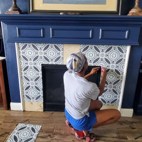 Gorgeous Fireplace Makeover on a Budget! | Hometalk Paint Fireplace Tile, Fireplace Remodel Diy, Painted Fireplace Mantels, Tile Around Fireplace, Tile Over Tile, Wallpaper Fireplace, Fireplace Mantel Designs, Diy Fireplace Makeover, Gorgeous Fireplaces