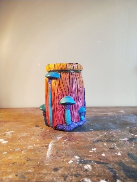 Clay Mushroom Stash Jar, Stash Jar Ideas Diy Polymer Clay, Air Dry Clay Stash Jar, Air Dry Clay Jar Ideas, Polymer Clay Stash Jar, Trippy Clay Art, Air Dry Clay Jar, Stash Jar Ideas Diy, Air Dry Clay Mug