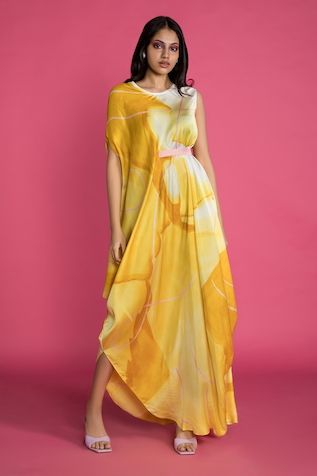 Buy Yellow Modal Satin Plain Asymmetric Neck Pleated Draped Panelled Dress For Women by Aroka Online at Aza Fashions. Satin Embroidery, Kaftan Designs, Cowl Dress, Yellow Satin, Designer Party Wear Dresses, Stylish Party Dresses, Fashion Attire, Indo Western, Designs For Dresses