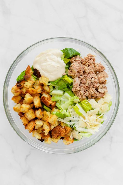 A twist on a classic, this tuna Caesar salad is the perfect lunch (or dinner!) for two! PS. Don’t skip out on the yummy croutons! #casearsalad #tunasalad #cookingfortwo #easyrecipe Salads To Go, Croutons Homemade, Best Salad Recipes, Salad Recipes For Dinner, Perfect Lunch, Cooking For Two, Easy Salad Recipes, Dinner For Two, Tuna Salad