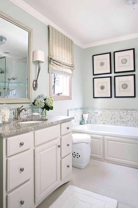 sea foam green bathroom walls in white and gray bathroom Green Bathroom Paint, Popular Bathroom Colors, Best Bathroom Paint Colors, Bathroom Wall Colors, Best Bathroom Colors, Painting Bathroom Cabinets, Bathroom Paint, Bathroom Color Schemes, Bathroom Paint Colors