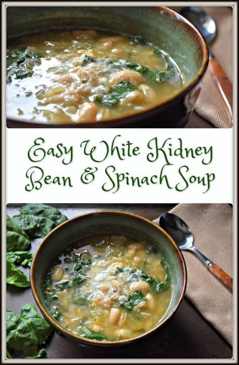 A piping hot bowl of soup makes everything better. This Easy White Kidney Bean and Spinach Soup recipe is not only good for you, but good-tasting too. Soup Recipes Spinach, White Bean Spinach Soup, White Bean Spinach, Cream Of Spinach Soup, Spinach Soup Healthy, Soup Spinach, Recipes With Kidney Beans, Spinach Healthy, Spinach Soup Recipe