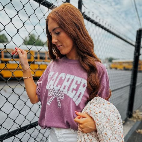 Part of our Teacher's Collection- look at those CUTE little apples in the word 'teacher'! Printed with ink on a Berry 100% cotton Comfort Colors (customer fave!) unisex fitted tee. Adrianna is 5'5 wearing a large. Size up for an oversized fit! Teacher Graphics, Free Tote, Teacher Tees, Weekend Sale, Fitted Tee, Instagram Life, White Bow, Workout Tee, Comfort Colors