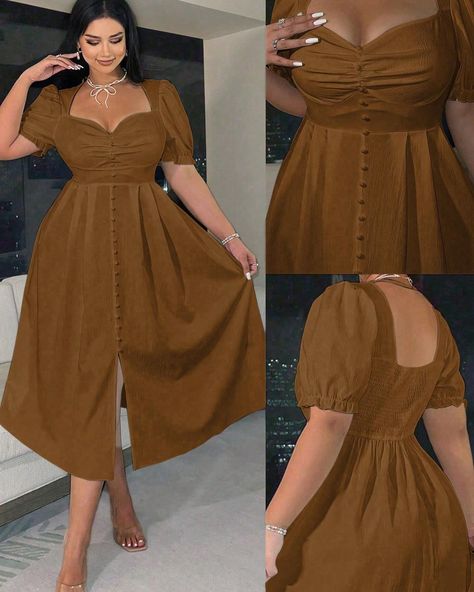 ✨Plus Size✨ ✨Pre-order only, XL(16) - 4XL(24)✨ ✨Price : 135k✨ Vestidos Retro, Vestido Plus Size, Keyhole Neck, Fairy Fashion, Split Dress, Coffee Brown, Sweetheart Neck, Inspiration Mode, Linen Dresses