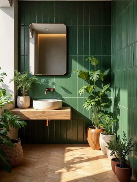 Nature inspired bathroom with leaf patterned tiles and wood look floor Green Floor Tiles Bathroom, Botanical Tiles Bathroom, Wood Like Tile Flooring Bathroom, Boho Tile Bathroom, Bathroom Ideas Green Tiles, Green And Terracotta Bathroom, Bathroom Large Tiles, Bathroom Green Tiles, Dark Bathroom Floor