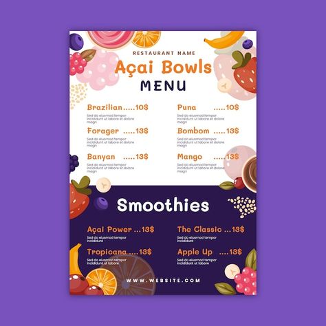 Free vector hand drawn acai menu templat... | Free Vector #Freepik #freevector #main-menu #food-flat #beverage-menu #acai Acai Branding, Acai Bar, Acai Benefits, Free Menu Templates, Smoothie Menu, Menu Food, Restaurant Names, Main Menu, Vector Hand