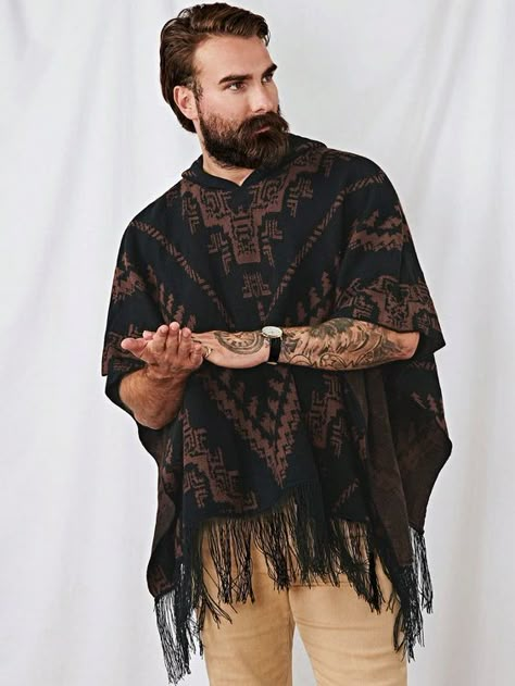 Multicolor Casual Collar Short Sleeve Knitwear Tribal Poncho Embellished Slight Stretch  Men Clothing Mens Flowy Fashion, Crochet Poncho Men, Mage Clothes, Adventure Clothing Men, Dune Fashion, Boho Clothing Men, Mens Rave Outfits, Burning Man Style, Short Poncho