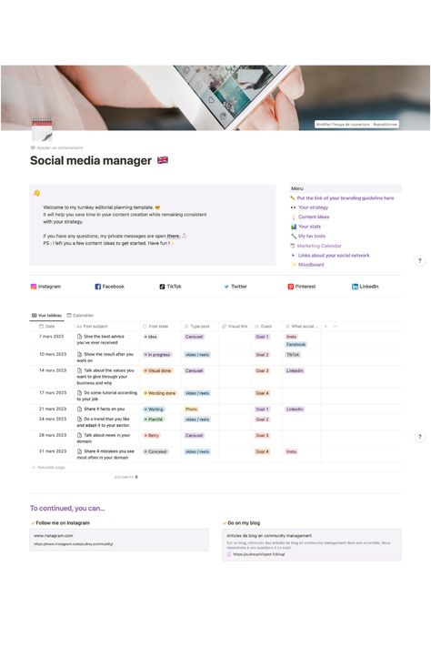 template notion social media Notion For Social Media Manager, Notion Template Social Media Manager, Social Media Notion Template, Notion Social Media Planning, Editorial Calendar Template, Social Media Planner Template, Social Media Aesthetic, Social Media Strategy Template, Notion Inspo