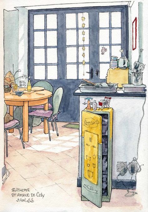 At home 2 avril | Bienvenue dans ma cuisine :p Welcome in my… | Flickr Drawing Home, Ap Studio Art, Watercolour Landscape, Building Illustration, House In Nature, Ink Wash, Art Et Illustration, Silhouette Art, Watercolor Drawing