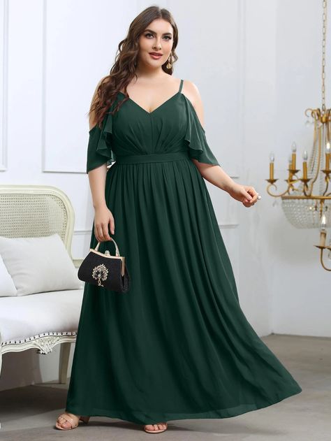 Plus Chiffon Cold Shoulder Maxi Dress | SHEIN USA Braidsmaid Dresses, Dark Green Bridesmaid Dress, Textured Bodycon Dress, Fall Bridesmaid Dresses, Cold Shoulder Maxi Dress, Green Bridesmaid Dresses, Bridesmaid Dresses Plus Size, Shein Dress, Maxi Dress Wedding