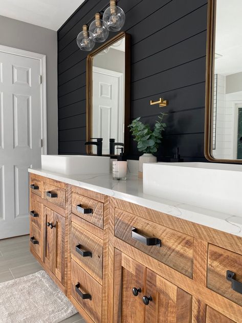 Carter Master Bath — Bella Via Design Bead Board Master Bath, Wood Bathroom Remodel, 2 Separate Vanity Master Bath, Bathroom Mood Board Master Bath, Bathroom Design Black And Wood, Black Farmhouse Master Bath, 78 Inch Bathroom Vanity, Farmhouse Bathrooms Modern, Iron Ore Master Bath