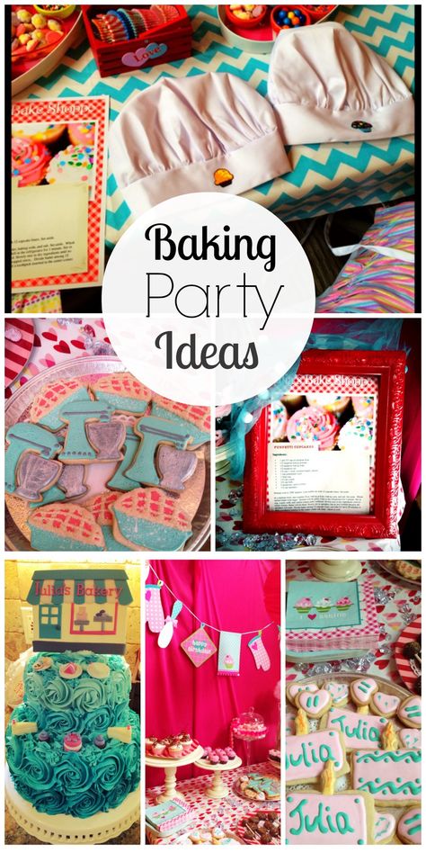 Great ideas for a baking girl birthday party! See more party ideas at CatchMyParty.com. Cooking Party Decorations, Baking Party Decorations, Cooking Themed Birthday Party, Baking Themed Cake, Bakery Themed Birthday Party, Bakery Birthday Party Ideas, Decorate Your Own Cupcake Party, Baking Themed Birthday Party, Baking Party Ideas