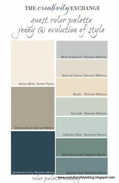 This palette shows the main colors in my home – photos of the rooms with the colors used are below. Family room and breakfast room  – Palladian Blue – Benjamin Moore Powder room – Gentleman’s Gray – Benjamin Moore Kitchen – Mountain Laurel – Benjamin Moore Dining room – Natural Choice – Sherwin Williams Basement Media Room – Aegean Teal – Benjamin Moore Jack & Jill bathroom – Sea Salt – Sherwin Williams Master bedroom – Mineral Deposit – Sherwin Williams M Natural Choice Sherwin Williams, Media Room Paint Colors, Palladian Blue Benjamin Moore, Palladian Blue, Sea Salt Sherwin Williams, Distressing Wood, Color Schemes Colour Palettes, Benjamin Moore Colors, Grey Color Palette