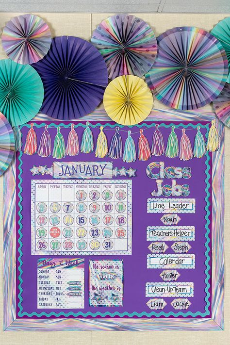 Glitter Classroom Decor, Iridescent Classroom Decor, Purple Bulletin Board Ideas, Peacock Classroom Theme, Purple Classroom Decor, Third Grade Classroom Decor, Purple Classroom, Pretty Classroom, Esol Classroom