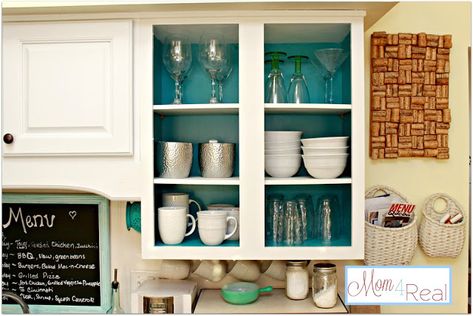 Paint the inside of Kitchen (or other) Cabinets for a modern open cabinet or glass door style, or just to add a nice pop of color & "surprise" in traditional cabinets. Great way to "remodel" the look of a space without the expense of completely redoing it! (via Mom 4 Real) Kitchen Cabinets Without Doors, Cabinets Without Doors, Open Kitchen Cabinets, Cupboard Paint, Open Kitchen Shelves, Open Cabinets, Traditional Cabinets, Green Cabinets, Gorgeous Kitchens