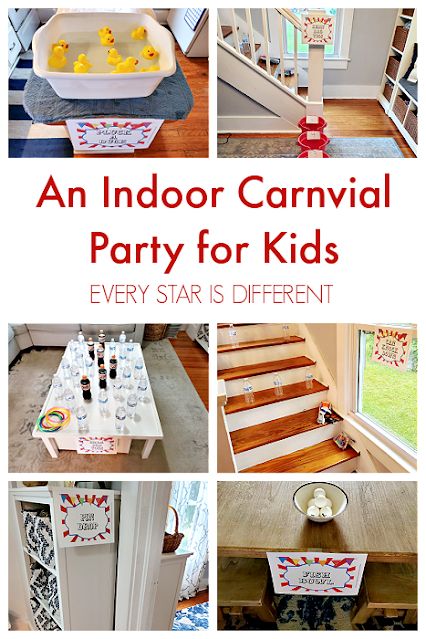 An Indoor Carnival Party for Kids Kids Carnival Birthday Party Games, Carnival Gross Motor Activities, Carnival Games For Birthday Party, Diy Kids Carnival Games, Diy Indoor Carnival Games, Carnival Games At Home, Circus Party Activities, Carnival Birthday Party Indoor, Indoor Carnival Games For Kids