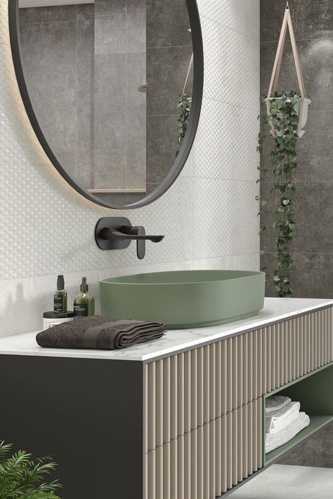 Bathroom Styling Ideas, Large Bathroom Sink, Dark Green Bathrooms, Dark Bathroom Ideas, Fluted Wall, Bathroom Sink Units, Laundry Room Tile, Wall Hung Sink, Bathroom Sink Design