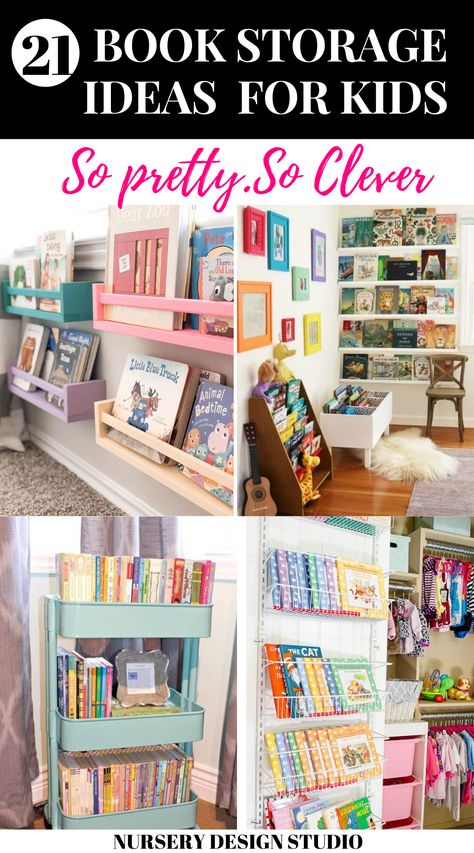 21 book storage ideas kids rooms, nurseries and playroom | These creative kids book storage ideas are  perfect for babies, tots and tweens Kids Playroom Book Storage, Library Book Storage At Home, Living Room Kids Book Storage, Book Storage In Small Bedroom, Color Book Storage, Book Storage Toddler Room, Book Storage For Kids Room, Book Storage Toddler, Toys And Books Storage For Kids