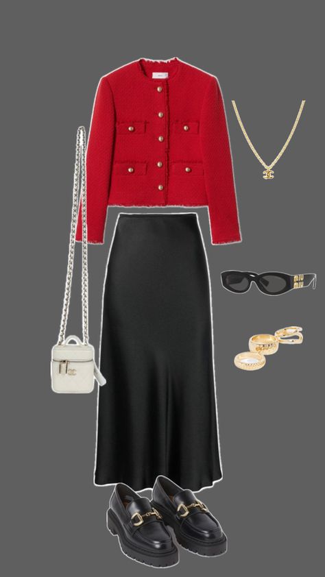 2024 Autumn Outfits Work, Red Lady Jacket Outfit, Red Beret Outfit Winter, Red Skirt Christmas Outfit, Red Blazer Outfit For Work, Red Satin Skirt Outfit, Cherry Outfit Ideas, Red Beret Outfit, Fashion Black Outfits