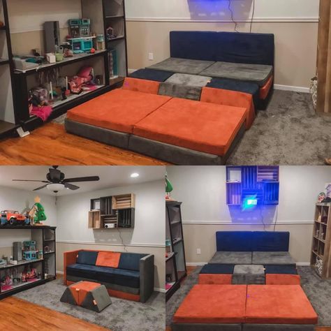 Nugget Couch Movie Night, Nugget Bed Idea, 3 Nugget Couch Builds, 3 Nugget Builds, Nugget Fort, Office Playroom Combo, Fun Playroom Ideas, Nugget Comfort, Nugget Builds