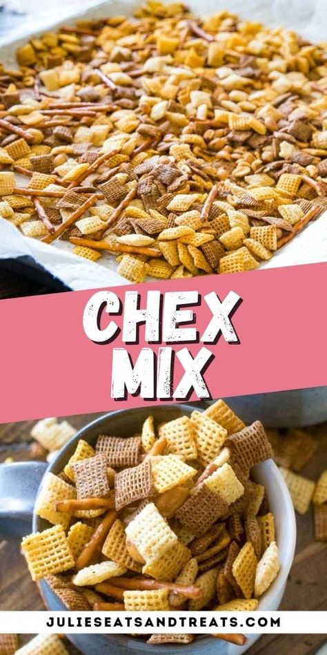 This Chex Mix is a blend of three types of Chex cereal, peanuts and pretzels tossed in a zesty butter sauce. It's our favorite snack to munch on during the holidays or to bring to parties throughout the year. Once you start munching on it you won't be able to stop! #chex #mix Savory Chex, Homemade Chex Mix Recipe, Chex Mix Recipes Sweet, Chex Mix Recipes Original, Chex Recipes, Original Chex, Homemade Chex Mix, Chex Mix Recipe, Chex Mix Recipes