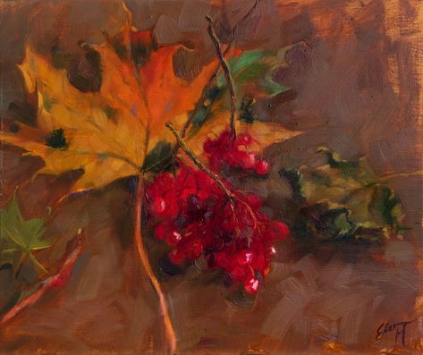 autumn leaves and red berries painted realistically Elena Morozova, Viburnum Berries, Autumn Still Life, Simple Object, Still Life Painting, Original Oil Painting, Original Oil, Fine Art Painting, Autumn Leaves