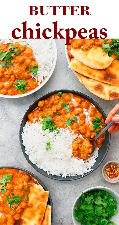 Chicken Chickpeas, Beans Recipe Indian, Garbanzo Bean Curry Recipes, Butter Curry Vegetarian, Chickpea Bean Recipes, Vegan Butter Chickpeas, Butter Chickpea Recipe, Butter Chicken With Chickpeas, Indian Food Chickpeas