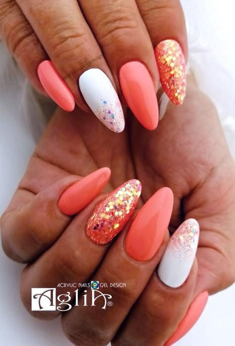 Oval Nail Ideas Summer, Coral Almond Nails With Design, Coral Almond Nails, Hot Coral Nails, Summer Coral Nails, Coral Nail Designs, Coral Acrylic Nails, Bright Coral Nails, Coral Nail Art