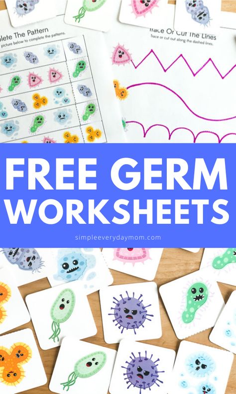 Need some fun ways to teach kids about germs? These free printable worksheets and memory game are great ways to talk and learn about germs. Do it at home or in the classroom. Download the free printables today.  #simpleeverydaymom #worksheetsforkids #kidsactivities #learningactivities #lessonplans #classroom #teachingkids #preschool #preschoolactivities #kindergarten How Germs Spread Activity, Germs For Kindergarten, Health For Preschoolers Activities, Germs Worksheets Preschool, Germs Kindergarten Activities, Hygiene For Preschoolers, Germ Theme For Preschool, Germ Math Activities For Preschool, Germs Theme Preschool Activities