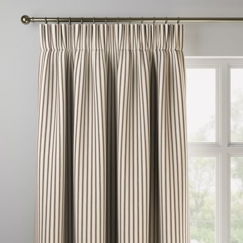 * Selection of header types available * Made to your individual measurements * Timeless striped design * Made from 100% cotton * Available in a choice of colourways * Coordinating items available to purchase separately These Made to Measure curtains boast a selection of header types tailored to your preferences. Indulge in the luxury of customisation as each curtain is expertly made to your individual measurements, ensuring a perfect fit for your windows. The timeless striped design adds a touch Matilda Goad Curtains, Linen Pleated Curtains, Tailored Pleat Curtains, Curtain Rail Ideas, Beige Curtains Bedroom, Stripes Curtains, Modern Curtains Bedroom, Ticking Curtains, Hallway Curtains