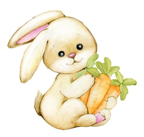 Carrot Watercolor, Bunny Holding Carrot, Clipart Cartoon, Psd Icon, Cartoon Style, Watercolor Clipart, Vector Photo, Cute Bunny, Cartoon Styles