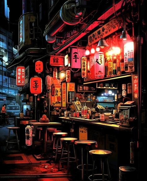 Japanese Street Background, Japanese Street Wallpaper Desktop, Japanese City Pop Aesthetic, Asian City Aesthetic Night, Steampunk Japan City, Japanese Love, Restaurant Architecture, Japanese Art Prints, City Wallpaper