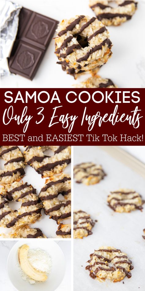 3 Ingredient Tik Tok Samoa Cookies are a healthy recipe for you to try out. This is made with banana and coconut flakes. A simple dessert! #passion4savings #samoa #healthy #easy #simple #tiktokrecipe #cookies Snacks With Coconut Flakes, Banana Coconut Cookies 3 Ingredient, 3 Ingredient Samoas, 3 Ingredient Samoa Cookies, Vegan Samoa Cookies, Simple Banana Recipes 3 Ingredients, Things To Make With Coconut Flakes, Healthy 3 Ingredient Cookies, Simple Ingredient Recipes Healthy