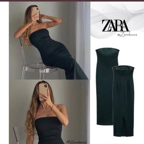 Zara strapless green dress NEW WITH TAG! Strapless Midi Dress Outfit, Strapless Green Dress, Midi Dress Outfit, Zara Midi Dress, Outfit Zara, Strapless Midi Dress, Black Midi, Zara Black, Zara Dresses