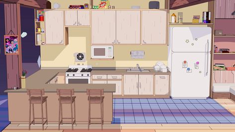 Steven Universe House, Kitchen With Counter, Backgrounds Reference, Children's Book Layout, Cartoon Kitchen, Background Inspiration, Houses Art, Kitchen Background, Kitchen Environment