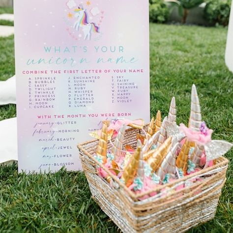 A Unicorn Birthday Party Is the Enchanting Theme Your Toddler Will Love Unicorn Party Favor Ideas, Pastel Rainbow Party, Magical Unicorn Birthday Party, Unicorn Party Favor, Unicorn Birthday Party Ideas, Foam Board Sign, Rainbow Unicorn Party, Unicorn Themed Birthday Party, Name Game