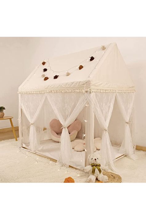 Kids Play Tent Non-Slip Mat, Star Lights, Decorating Flag, Tassel Large Playhouse, Boho Style, Exquisite Lace Curtains, Indoor and Outdoor Play Tent for Kids, Girls, Neutral Color, 52" x 35" x 52" Large Playhouse, Tent Living, Toddler Outdoor, House Tent, Star Lights, Play Tents, Kids Play Tent, Playhouse Outdoor, Kids Tents