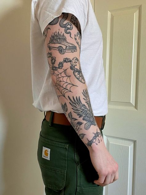 Mens Fine Line Tattoo Sleeve, Patchwork Linework Tattoos, Patch Work Arm Tattoos, Patchwork Arm Sleeve, Men Patchwork Tattoo, Mens Patchwork Tattoo Ideas, Traditional Jesus Tattoo, Traditional Tattoo Men, Patchwork Tattoo Men